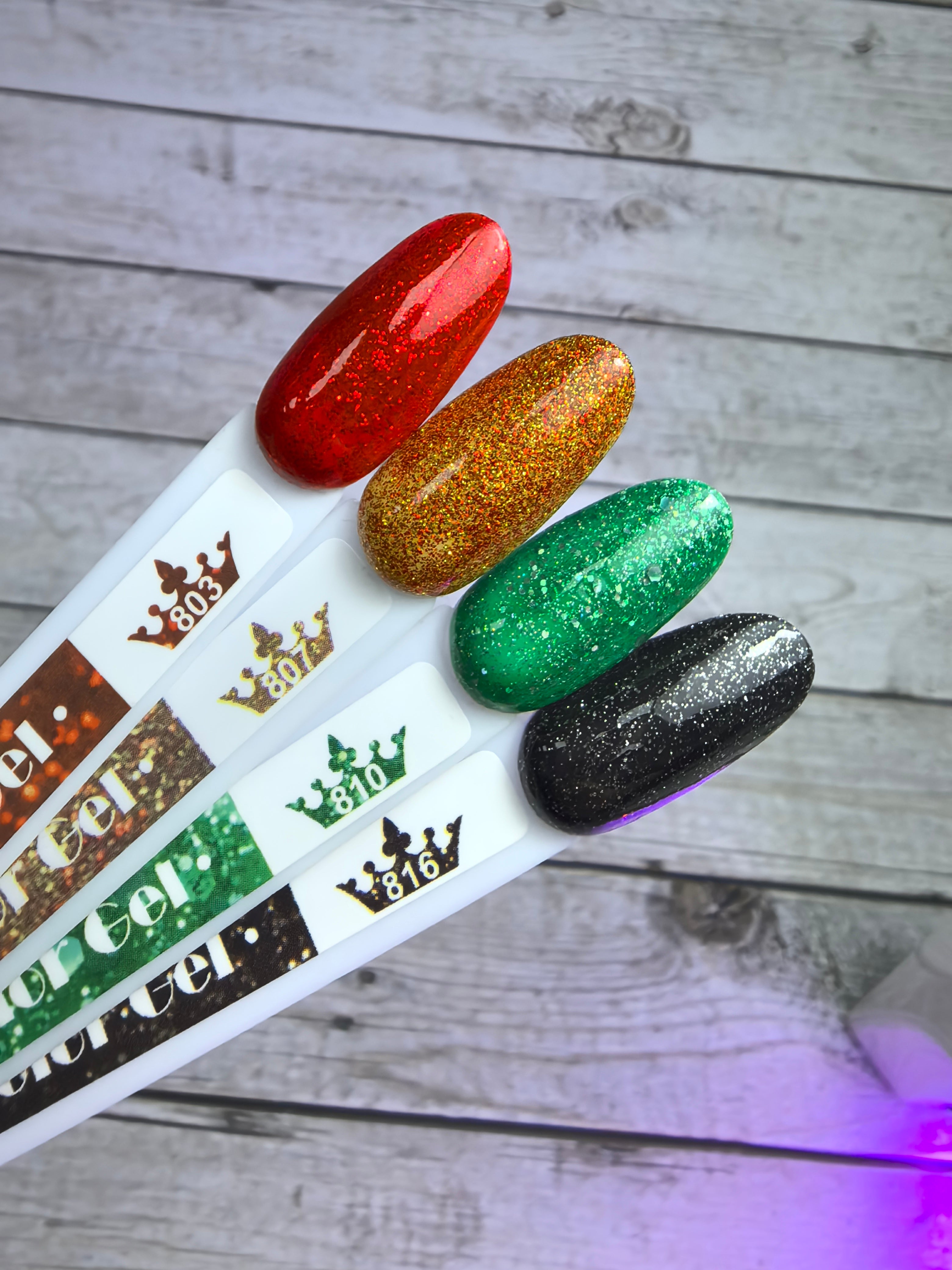 Гел лак 807 sample colors displayed on wooden background; high-class pigmentation and easy application.