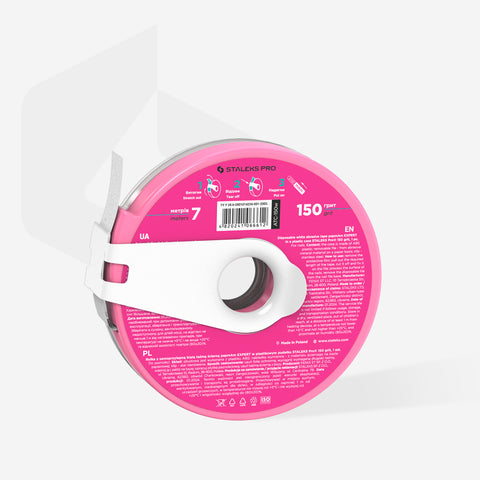 Ролка за зареждане на сменящи се абразиви Staleks, 150 grit в пластмасова кутия на бял фон.