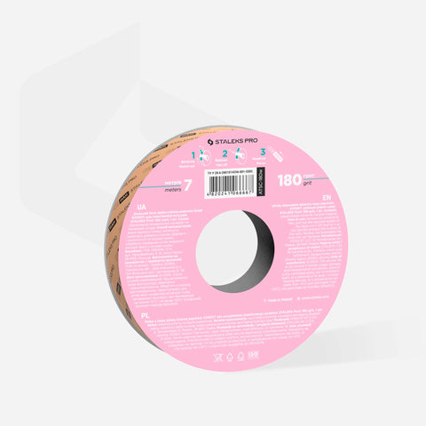 Резервна ролка за зареждане на сменящи се абразиви Staleks Pro, 180 grit в розова опаковка, подходяща за маникюр.
