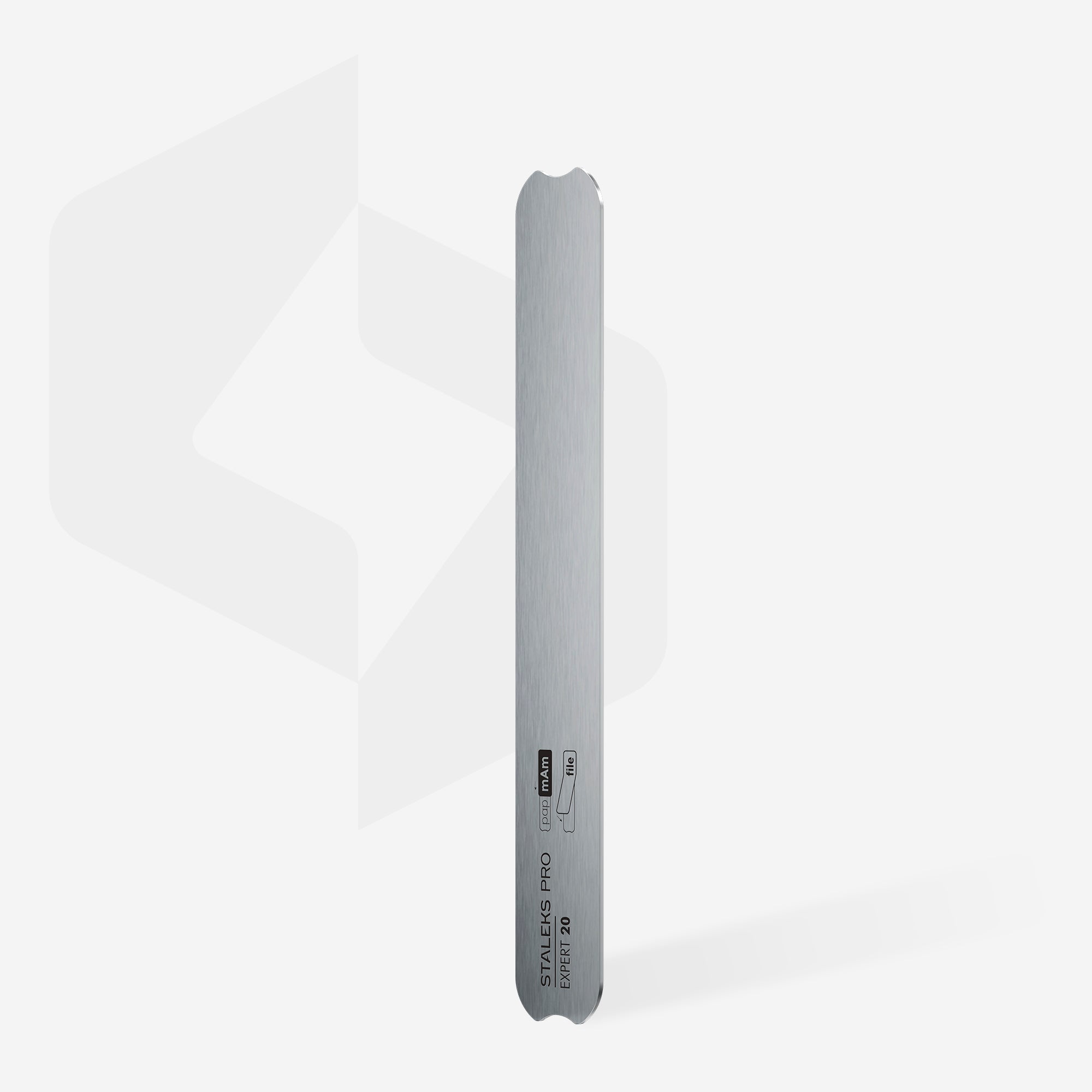 Метална основа за пила за маникюр Staleks, Straight Expert 20 с гладка полирана повърхност, размер 162x19 мм.