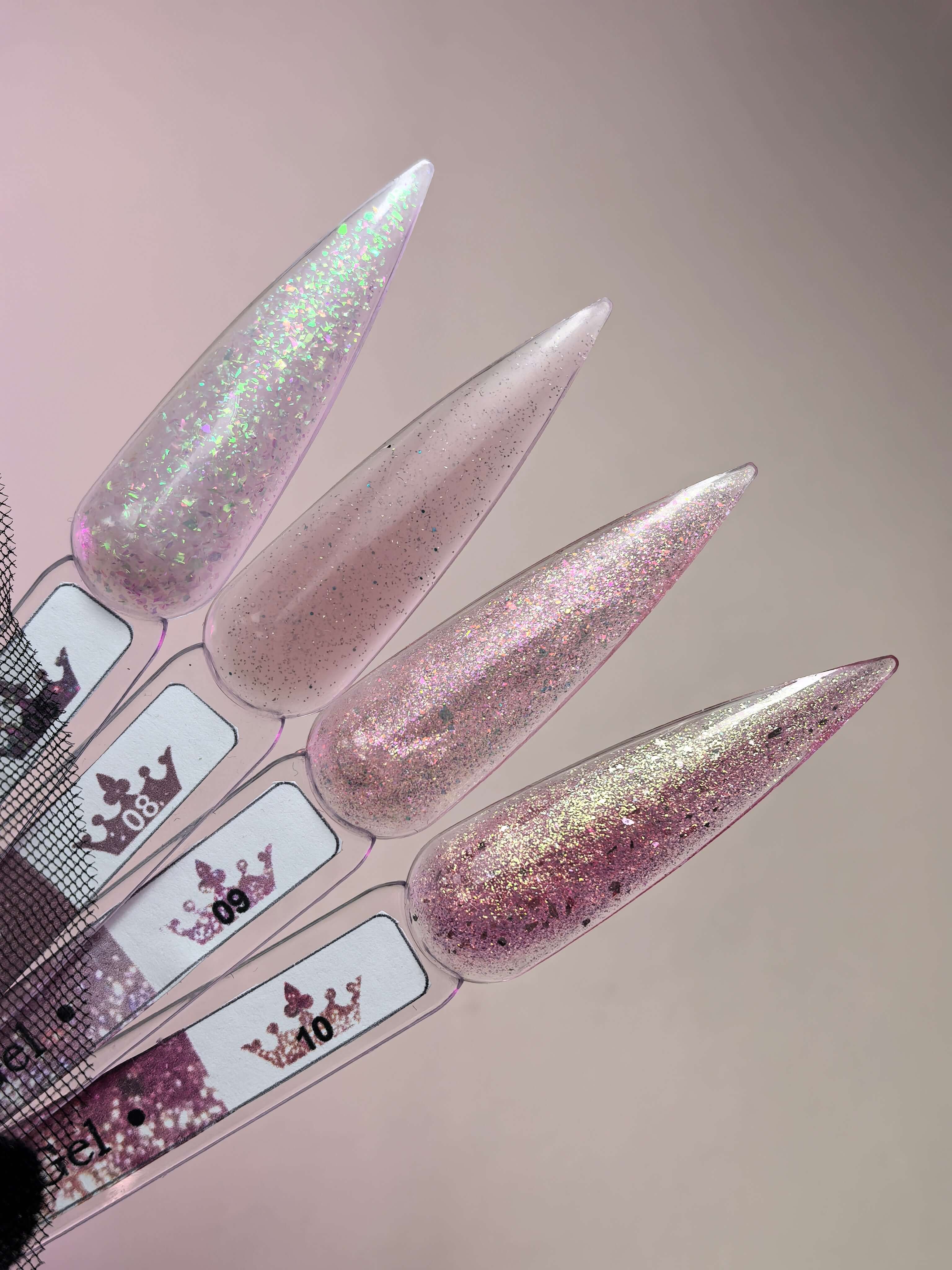 Brocade Builder Gel 05 nail color swatches showcasing shimmering pink and glitter tones, ideal for nail strength and salon lengths.