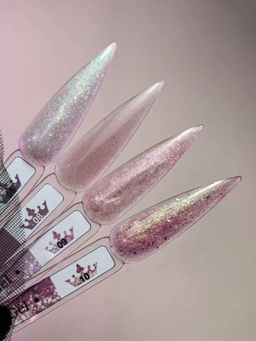 Brocade Builder Gel 05 nail color swatches showcasing shimmering pink and glitter tones, ideal for nail strength and salon lengths.