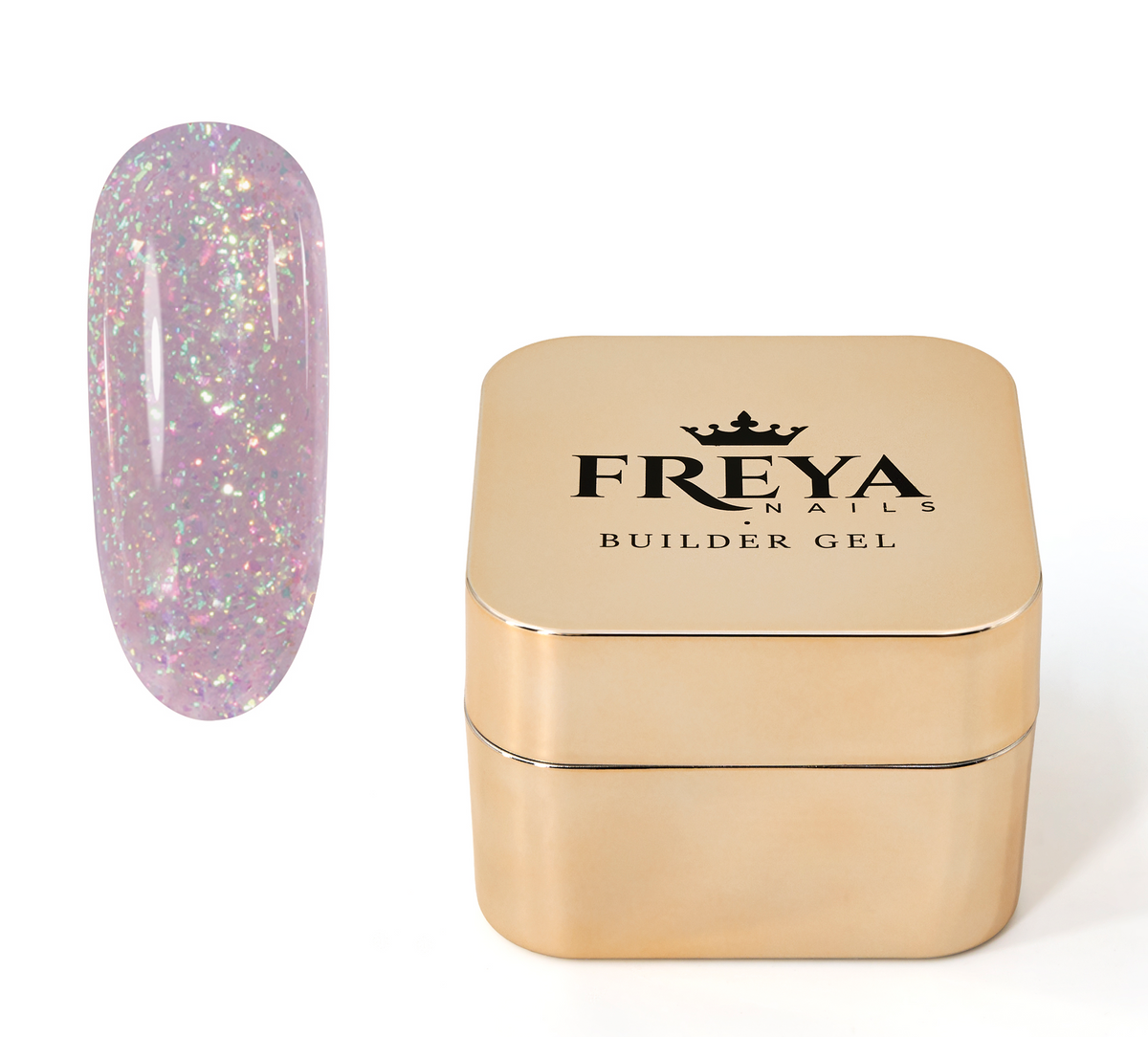 Brocade Builder Gel 05 by Freya Nails in gold container with gel sample
