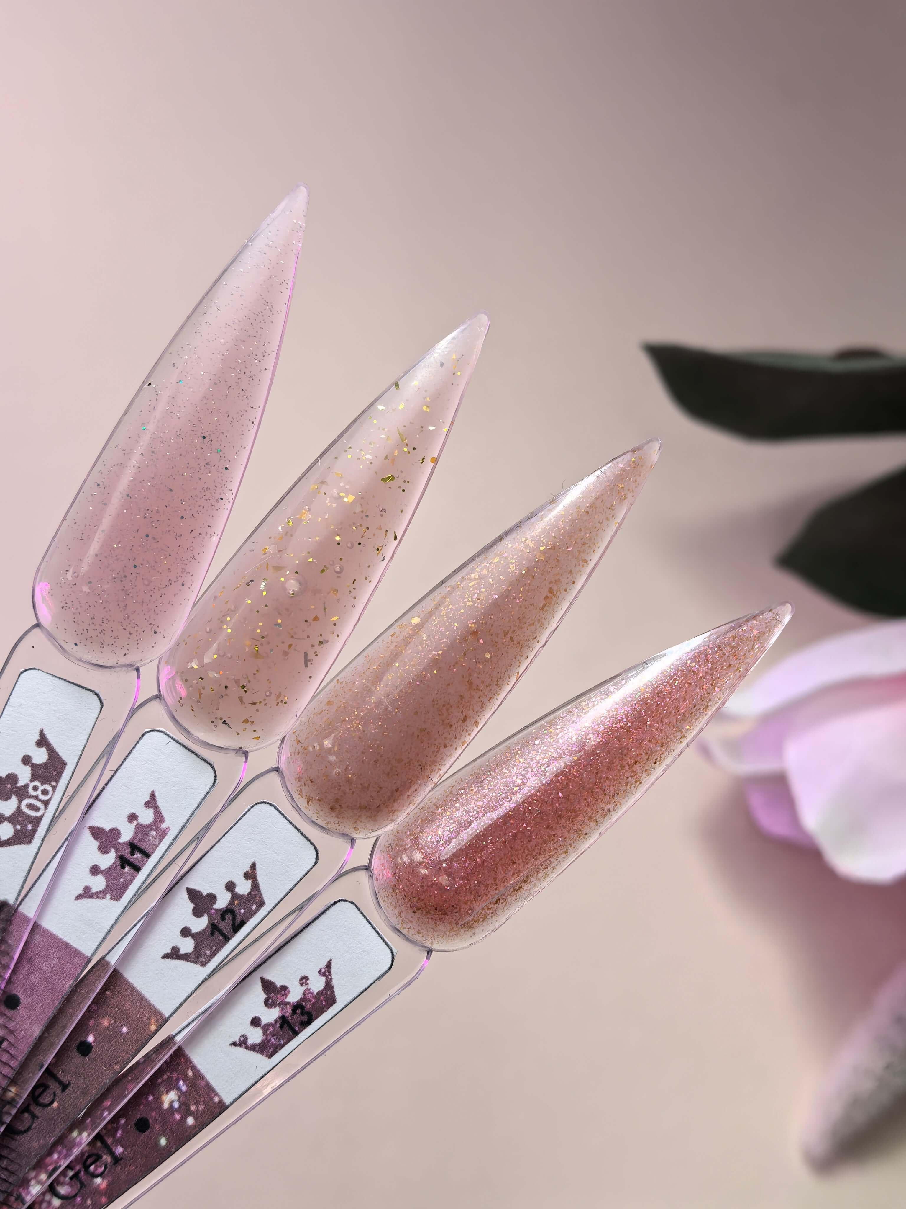 Brocade Builder Gel 11 samples displayed on nail forms in soft pink and glitter shades.
