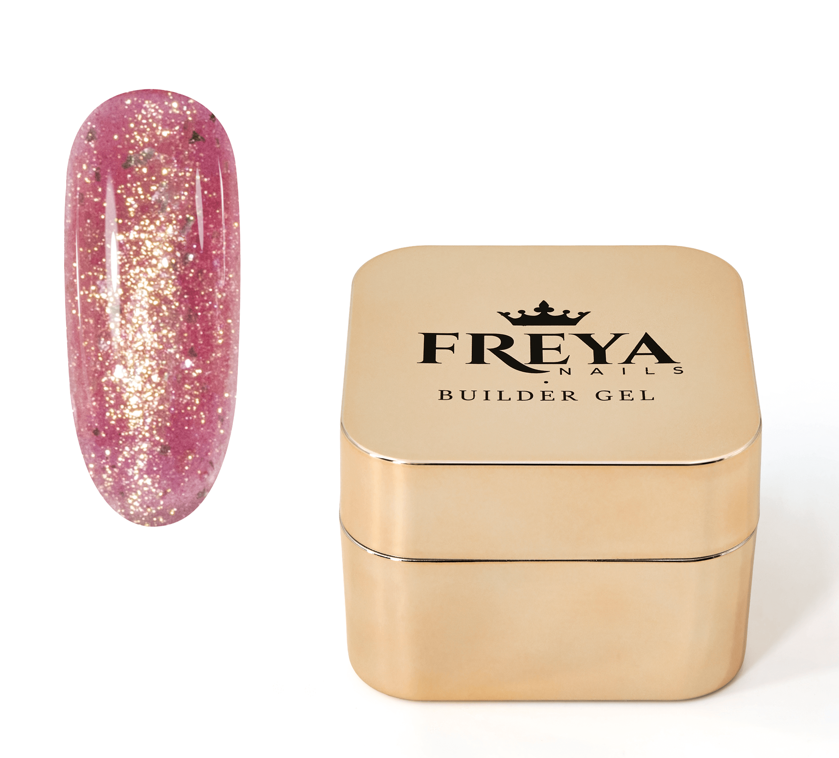 Brocade Builder Gel 10 in gold container with pink sparkling nail tip sample, ideal for natural nail strengthening and salon length creation.