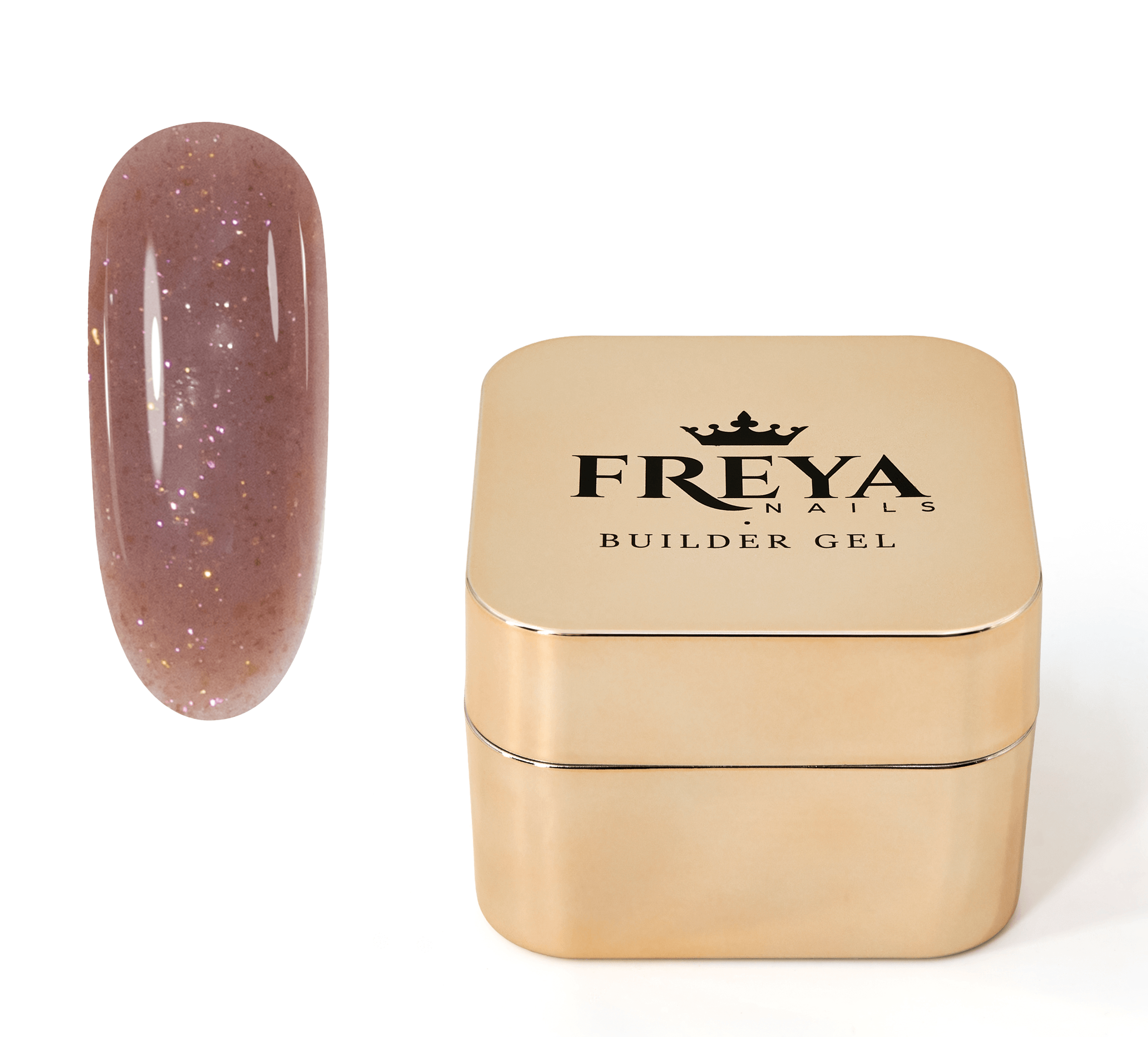 Brocade Builder Gel 12 shown with a swatch and gold container, ideal for strengthening natural nails and creating salon lengths.