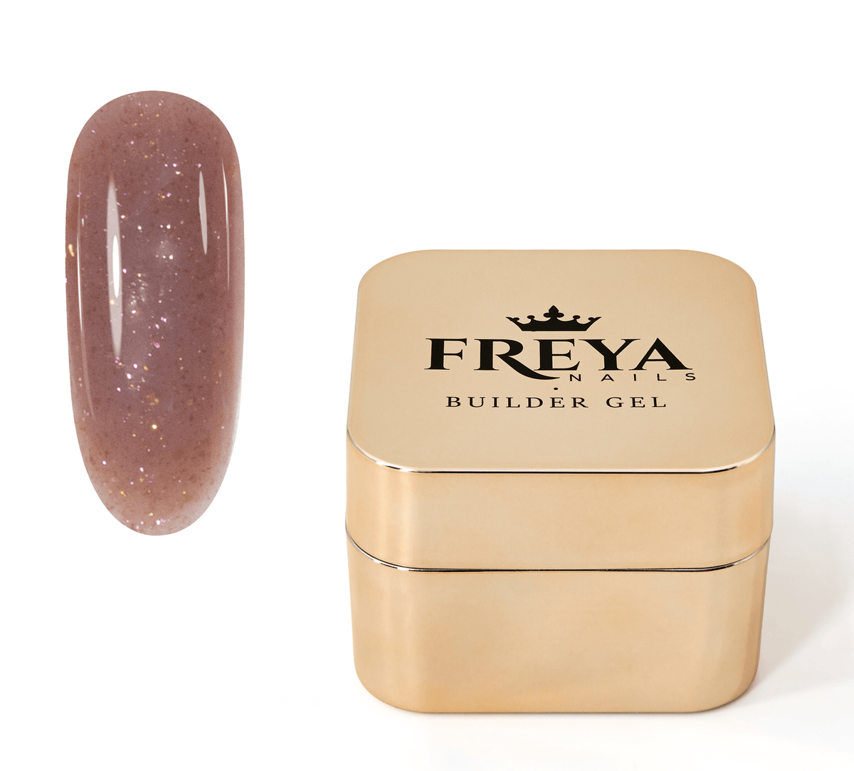 Brocade Builder Gel 12 shown with a swatch and gold container, ideal for strengthening natural nails and creating salon lengths.