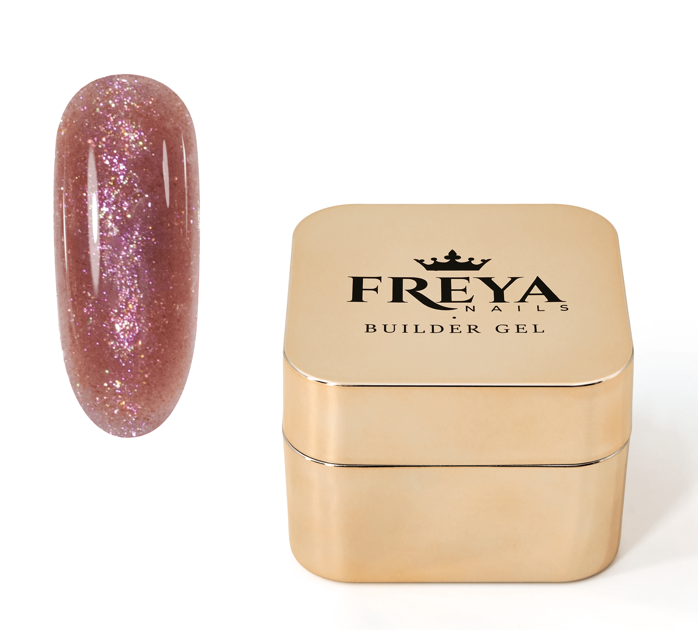 Brocade Builder Gel 13 shown with glitter effect nail sample and branded gold packaging.