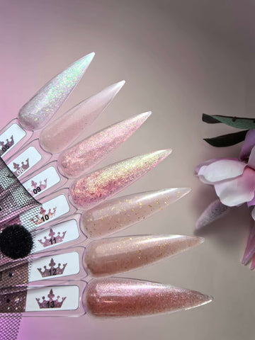 Brocade Builder Gel 05 nail samples showcasing shimmering gel colors on a floral background