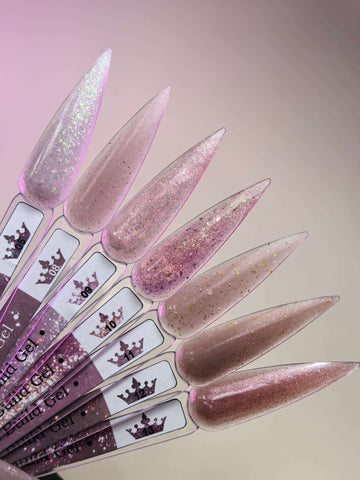 Samples of Brocade Builder Gel 05 showcasing various shimmering colors and textures on stiletto nail tips.