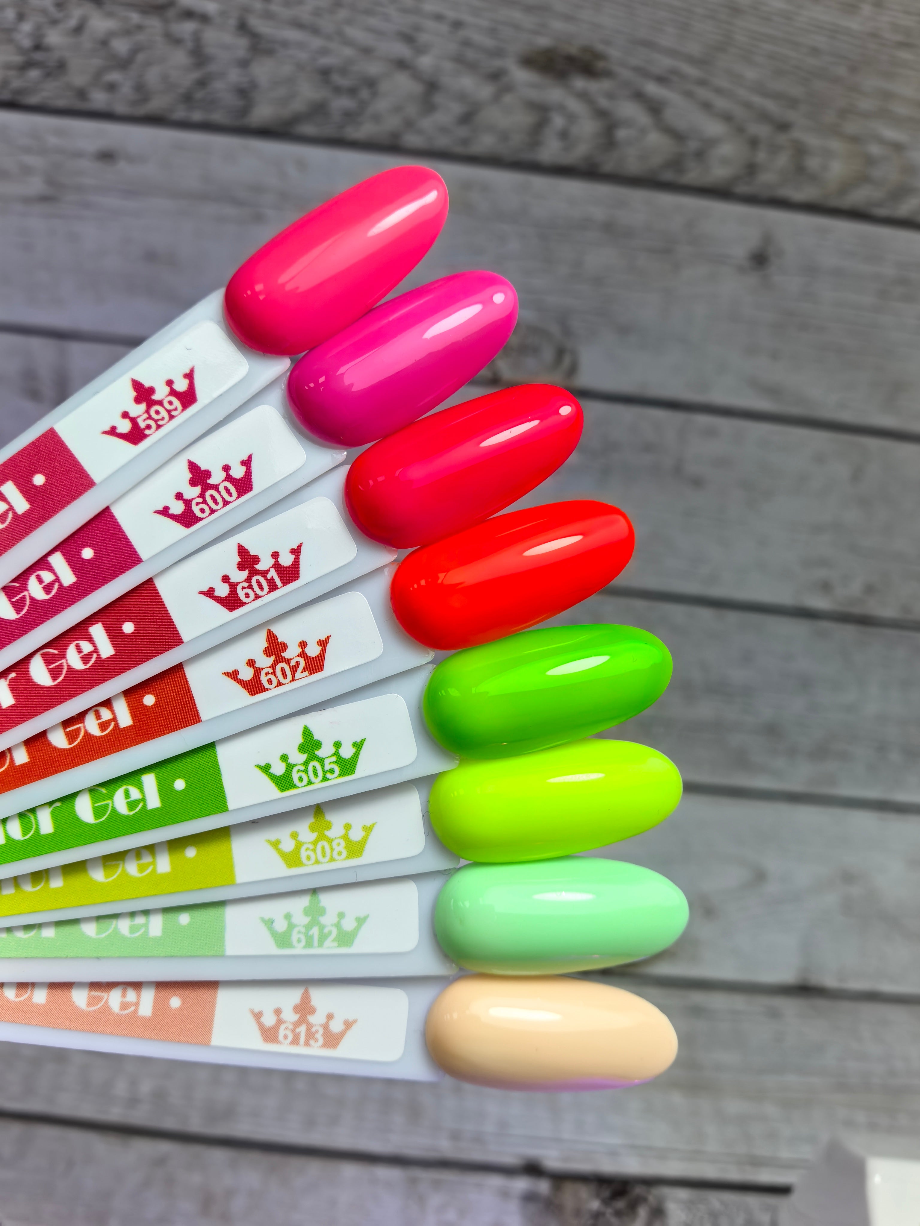 Гел лак 602 - NEON swatches displaying vibrant neon colors with superior pigmentation and easy application. High-quality gel polish.