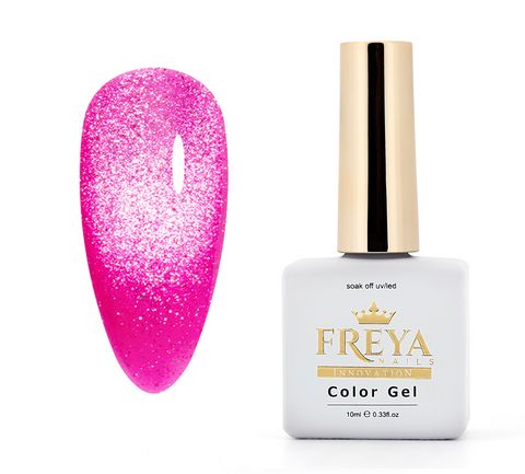 Гел лак Crazy Summer 06 от Freya Nails с бляскав неонов розов цвят и рефлектиращ ефект.