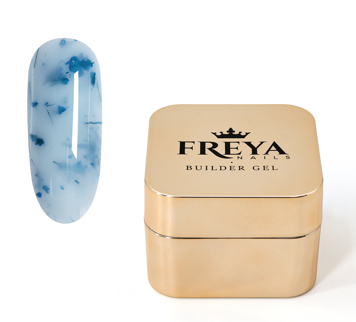 Imperial Bloom Builder Gel - 01 with blue petals design on nail tip and gold packaging from Freya Nails.
