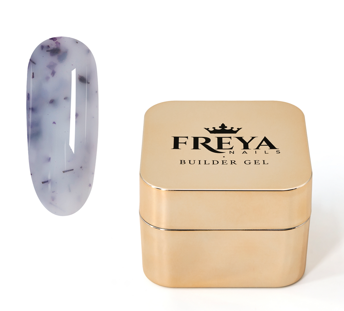 Imperial Bloom Builder Gel - 04 in a gold box with a violet petals swatch on the side, showcasing modern nail design.