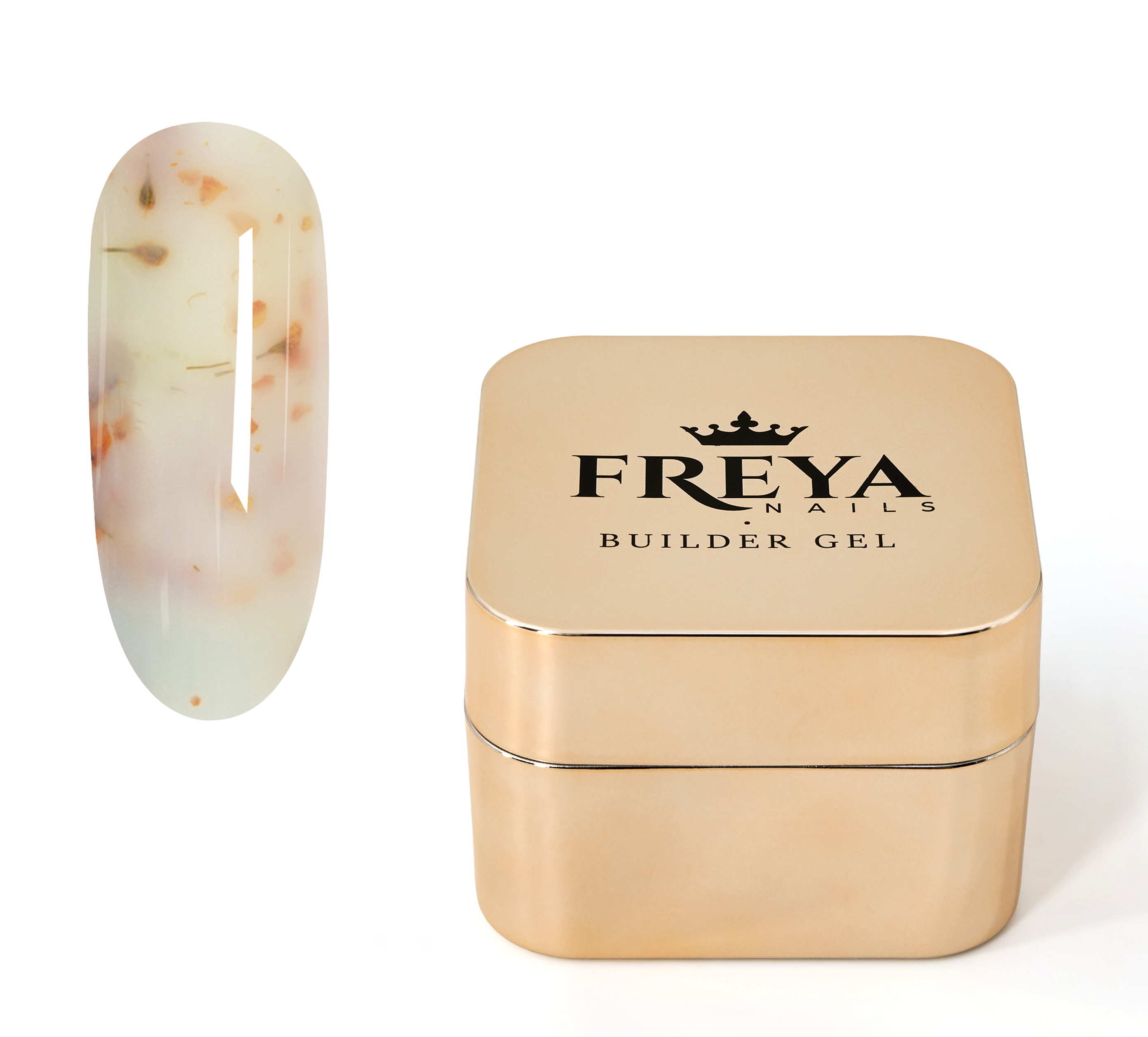 Imperial Bloom Builder Gel - 06 with peach blossom design in a gold Freya Nails container.