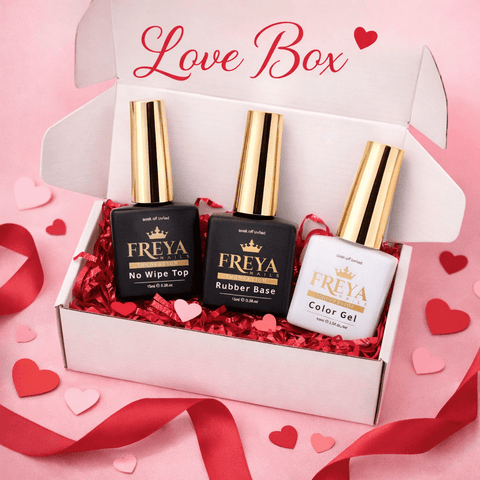 Love Box - Малка with gel products and scratch card, gift for manicure lovers, limited edition beauty box on pink background with hearts