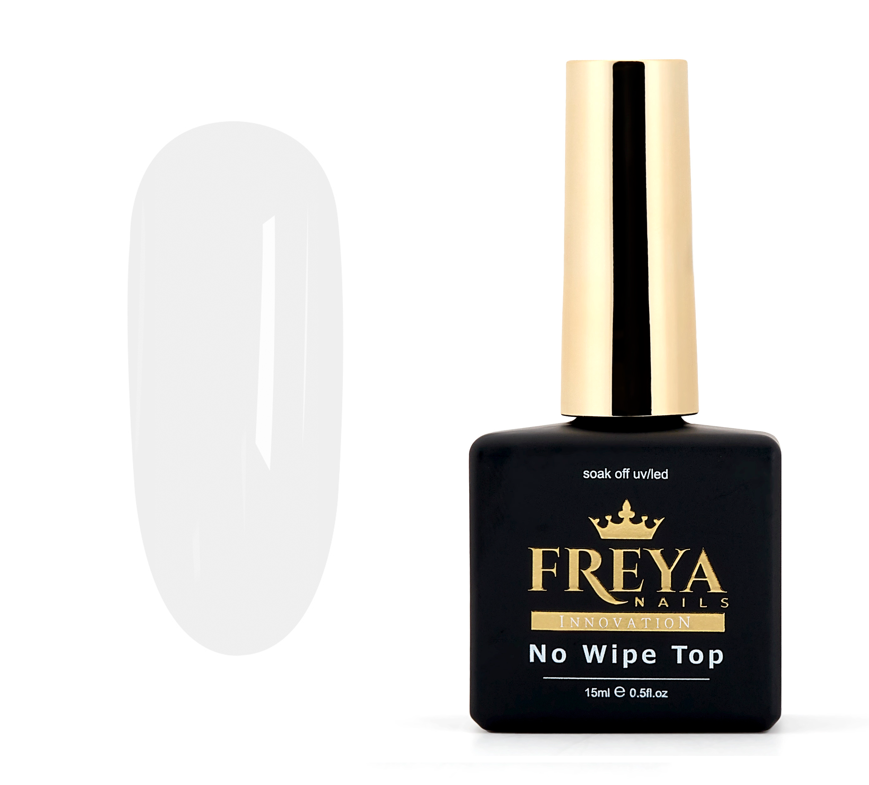 Безлепкав топ лак FREYA Nails, идеален за професионални маникюри, осигурява дълготрайност и нежно покритие.