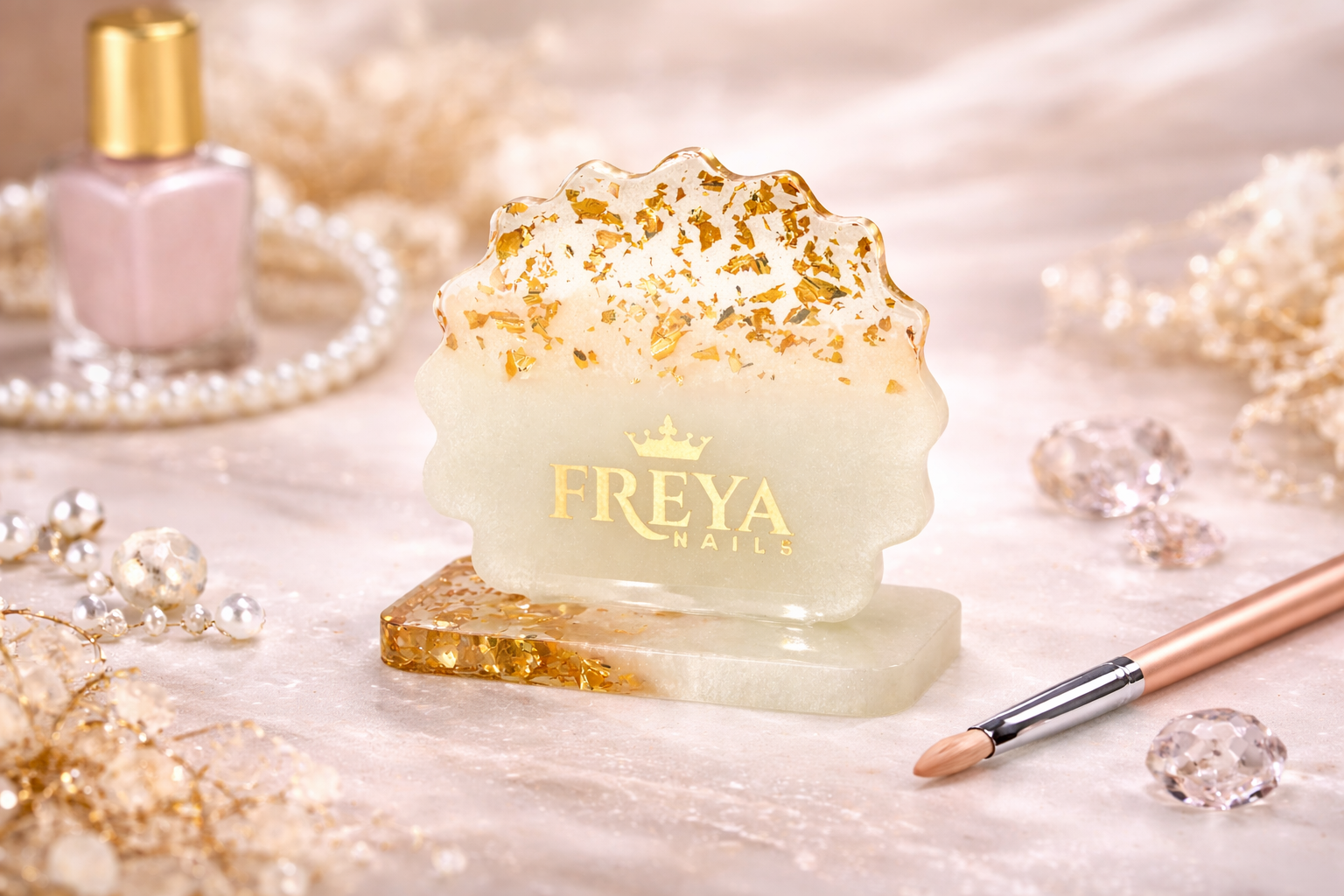 Палитра със стойка Freya Nails с перлено омбре и златни елементи, ръчно изработена от епоксидна смола за професионален маникюр.