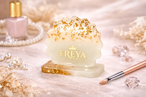 Палитра със стойка Freya Nails с перлено омбре и златни елементи, ръчно изработена от епоксидна смола за професионален маникюр.